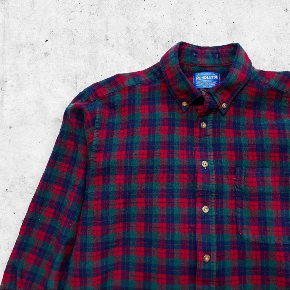 Vtg 90s Pendleton Fireside Wool Flannel Shirt, Plaid, USA Made, Red Green, M L - Picture 3 of 6